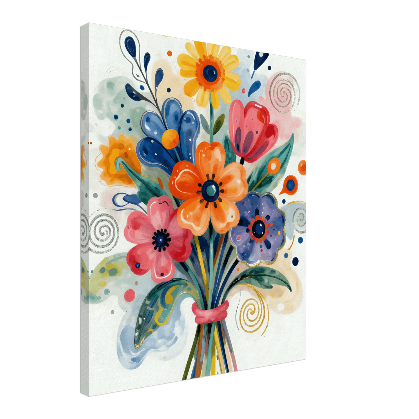 Abstract floral bouquet canvas with multicolor flowers and swirl details in blue and pink