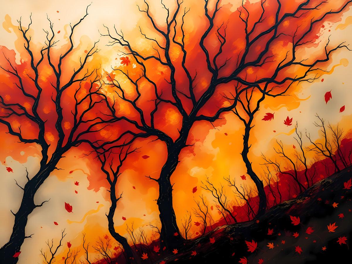 Abstract autumn tree wall art with dark branches, warm orange light, and red maple leaf shapes
