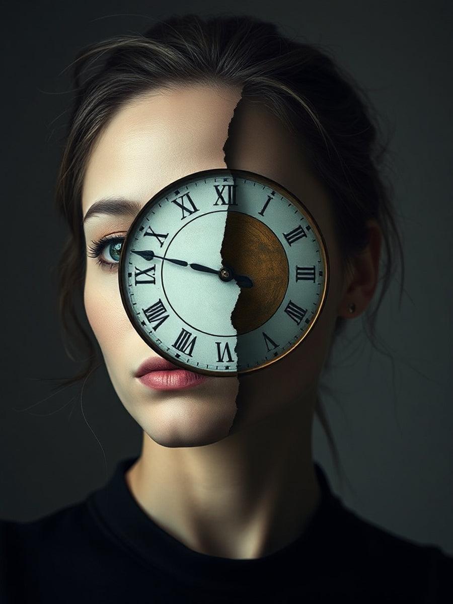 Surreal portrait wall art: clock covering one side of the woman’s face.