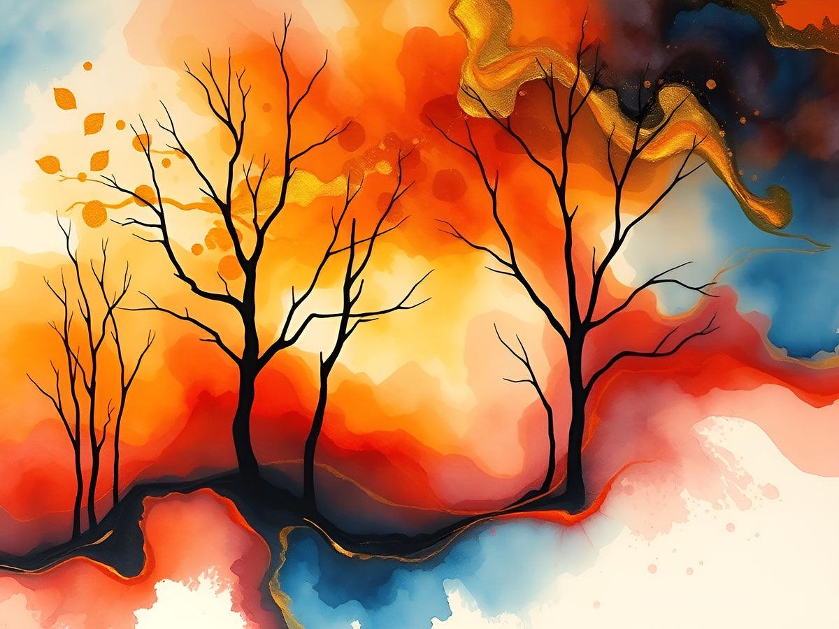 Autumn landscape print with dark trees and a floating bird-like abstract shape above