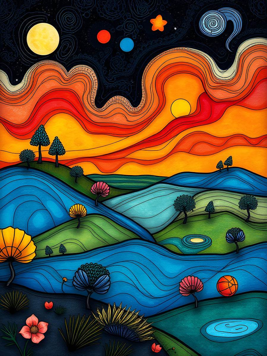 Abstract landscape print with orange ridges, blue hills, green fields, and star dots