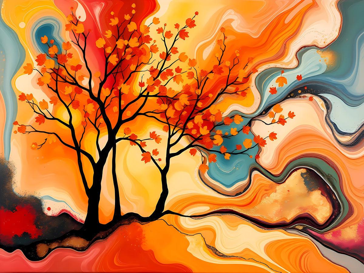 Abstract autumn landscape wall art with black trees, bright red leaves, and layered blue-orange flow