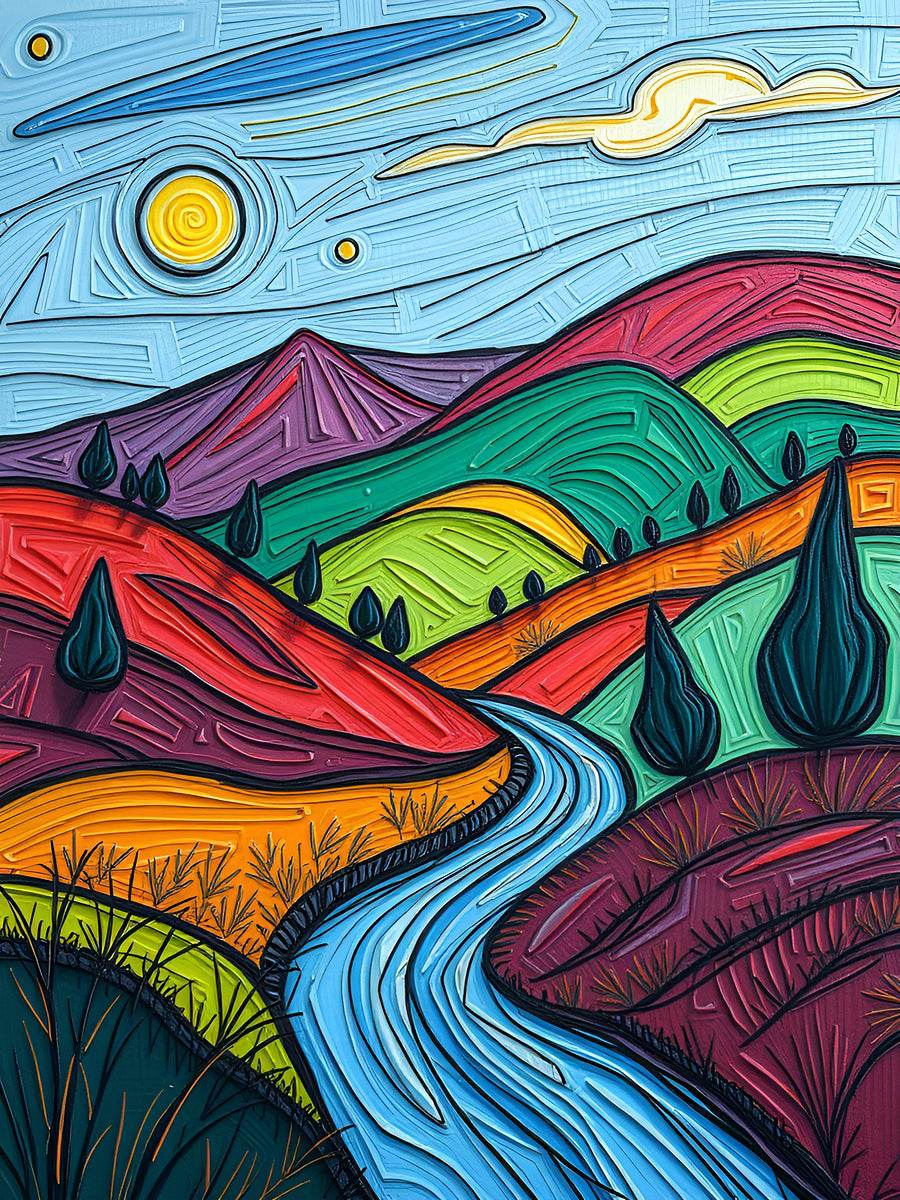 Textured abstract hills and winding blue river with bright green accents and dark trees.