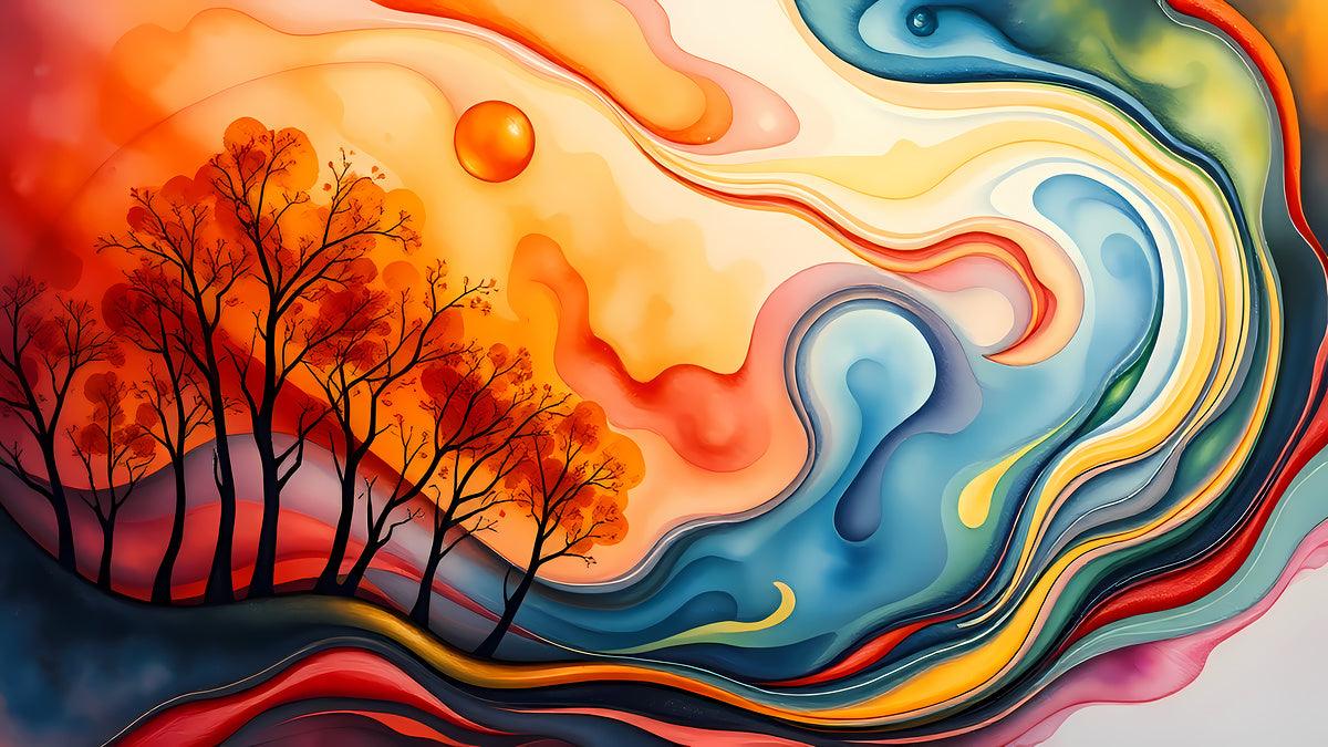 Abstract art close-up showing orange tree line and blue wave ribbons with highlights.