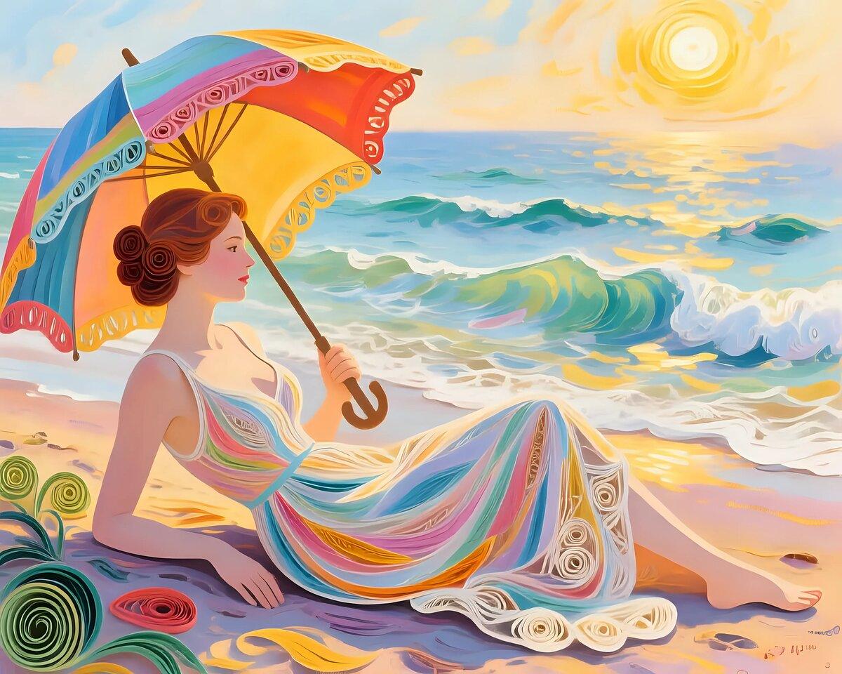 Decorative beach illustration of a woman lounging under a colorful umbrella, patterned dress