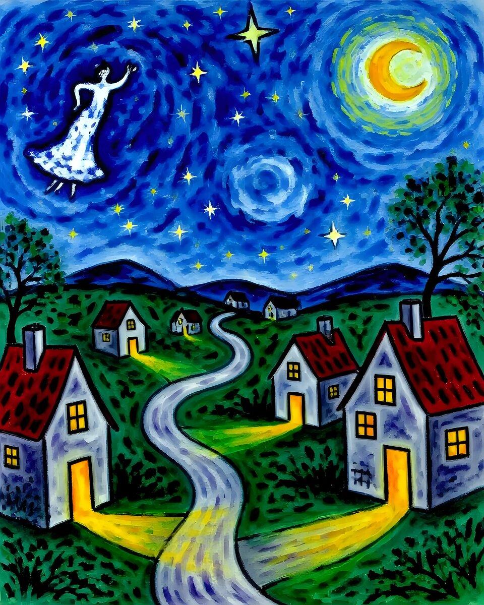 Night sky village wall art with dancer silhouette, starry sky, moon, and winding road through houses