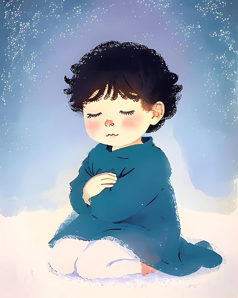 Child in blue artwork print, full figure seated with hands at chest, starry specks.