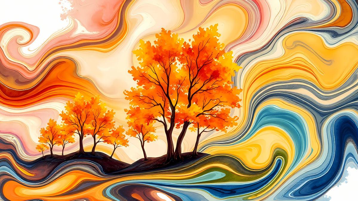 Abstract wall art showing orange fall trees above layered swirling waves in blue and gold