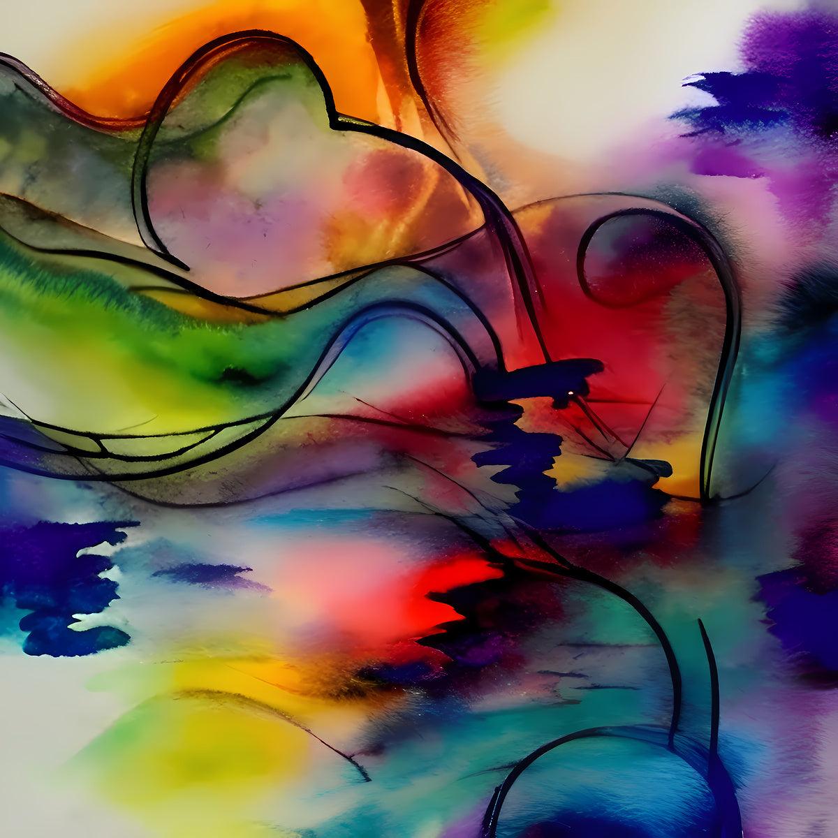 Abstract watercolor fluid art print with multicolor flowing blobs and drips