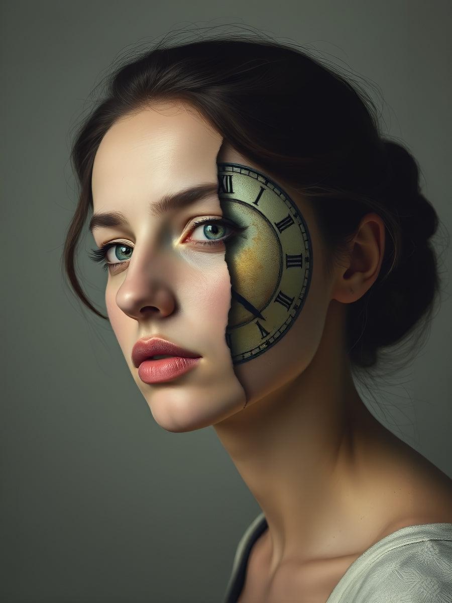 Portrait art print of a woman in profile with a clock face over one eye
