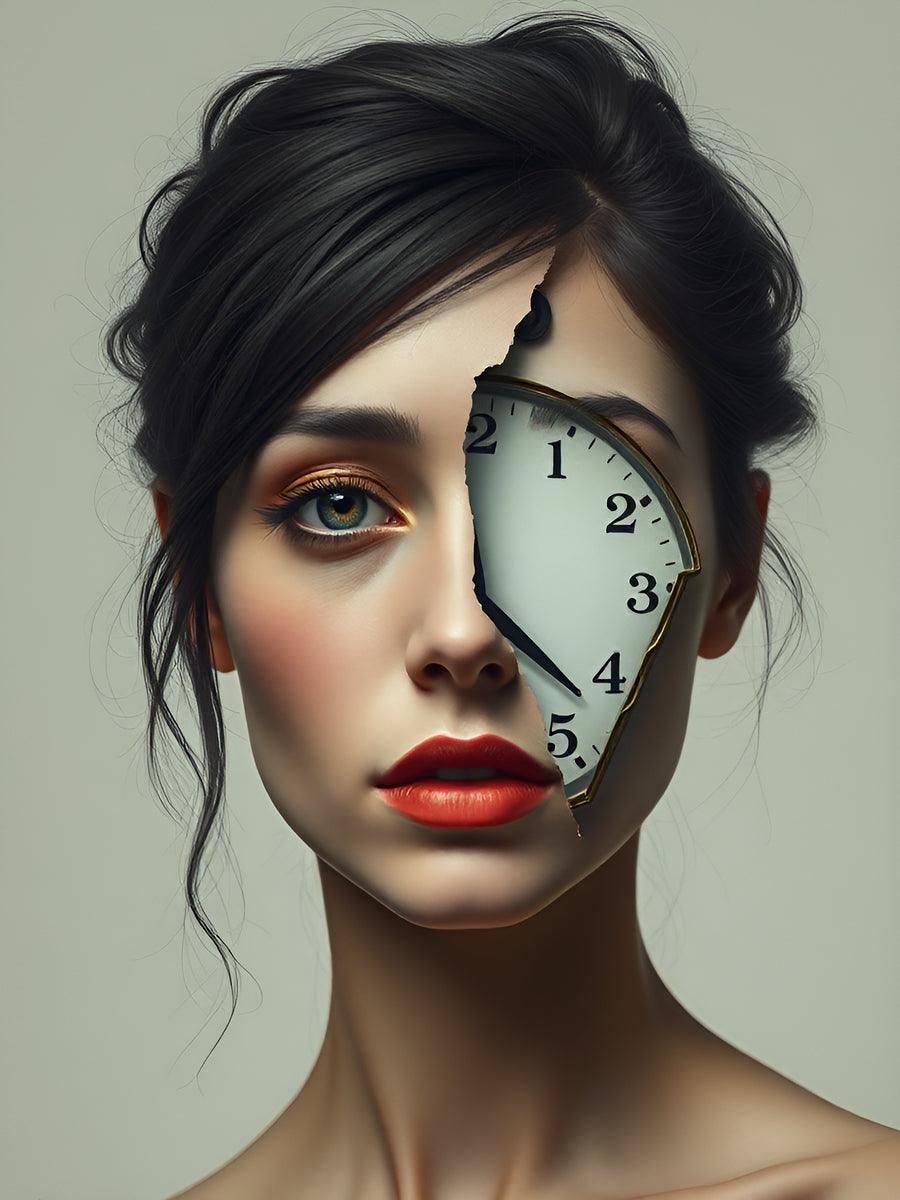 Contemporary portrait wall art close-up of a woman with a clock graphic across her face