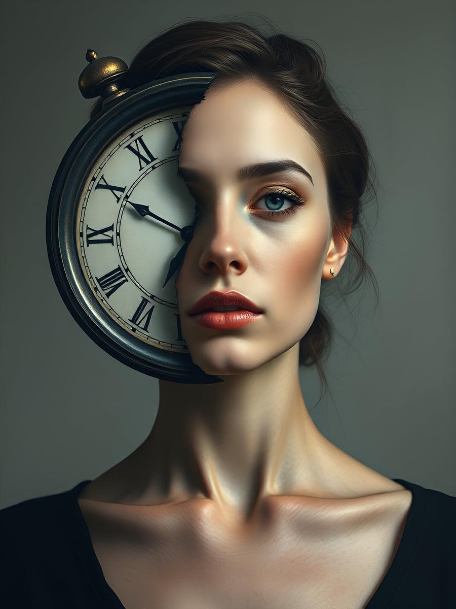 Portrait artwork of a woman with a clock overlay and red lips