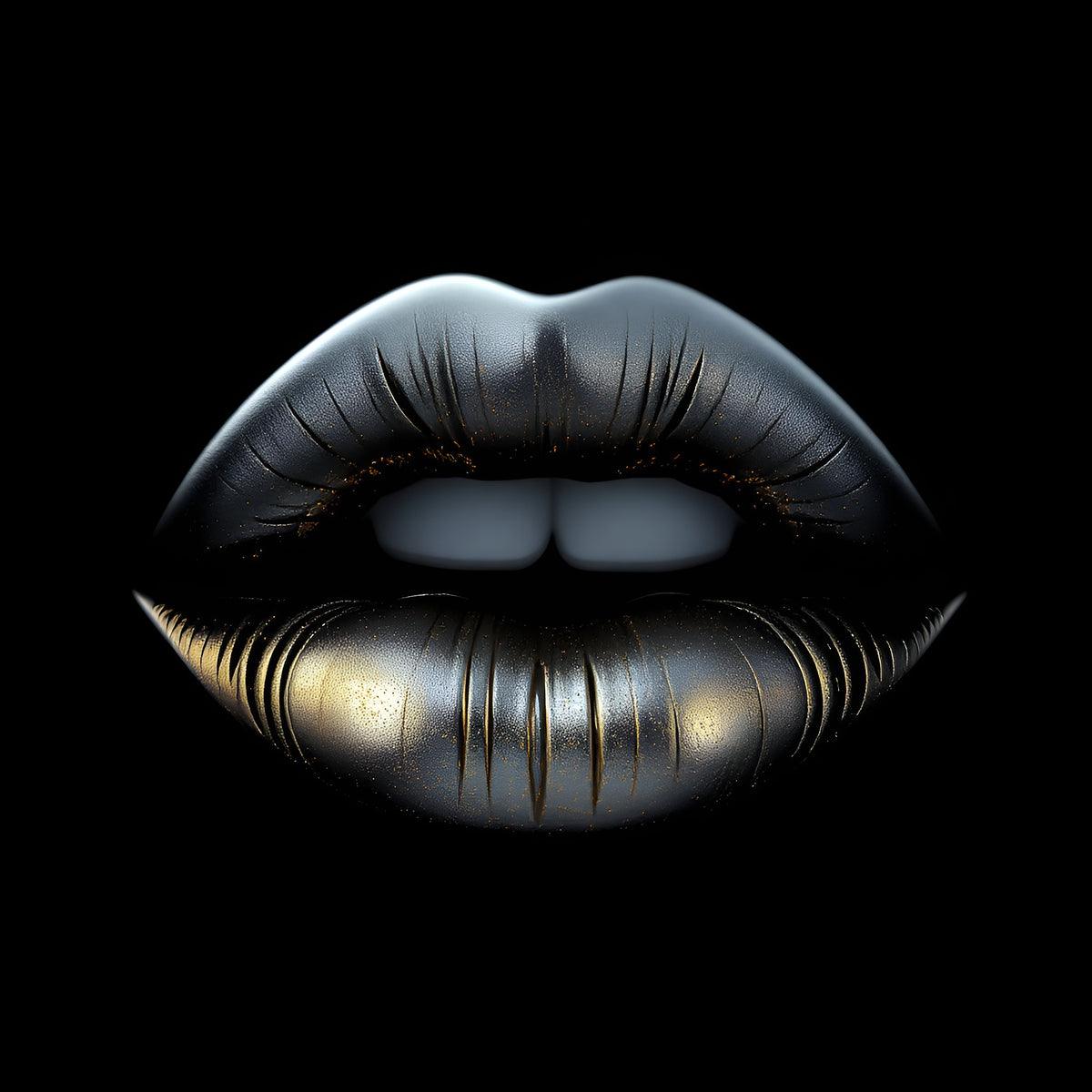Black and gold metallic lips wall art with reflective highlights