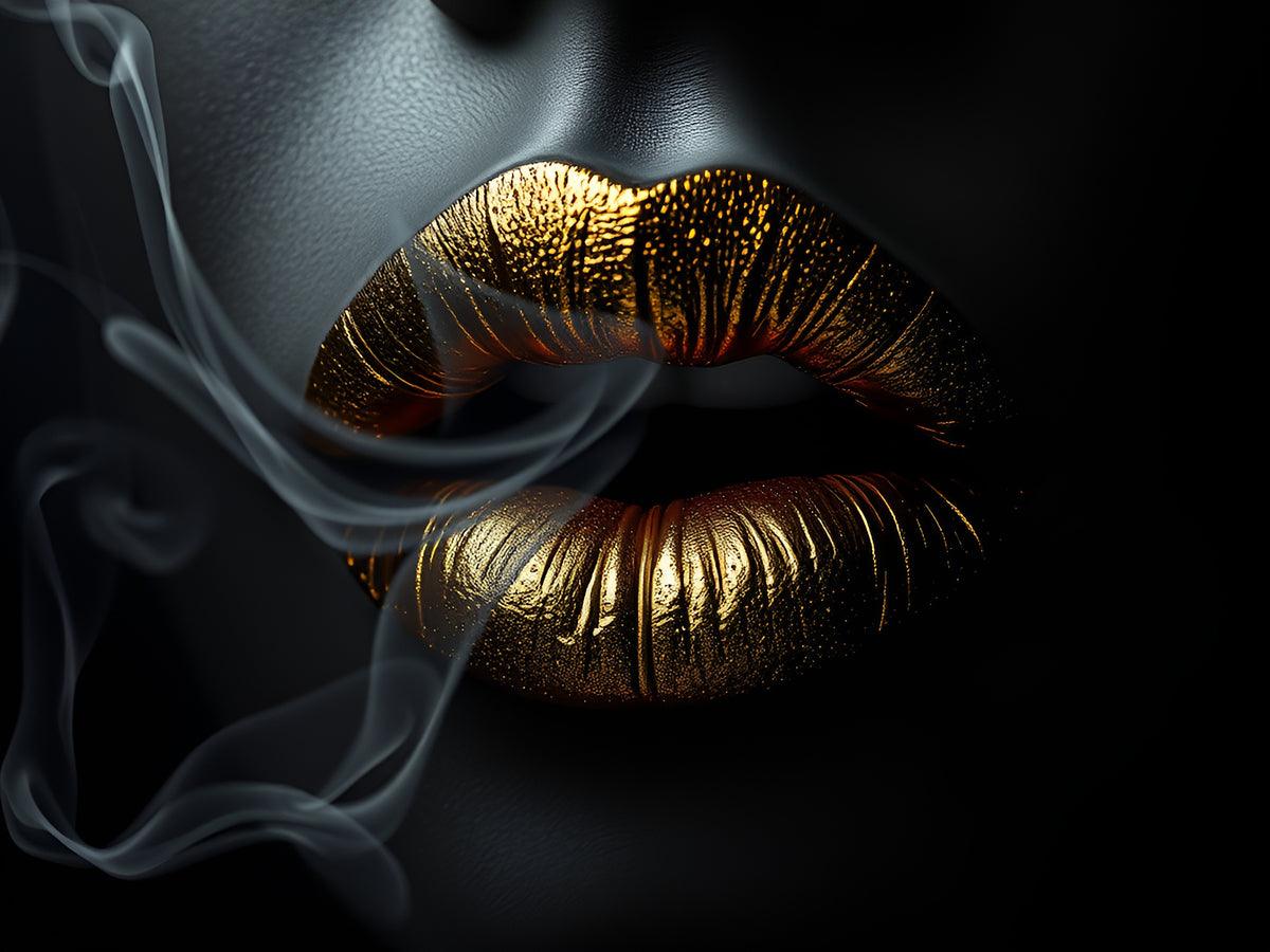 Gold lips artwork with dense gray smoke tendrils