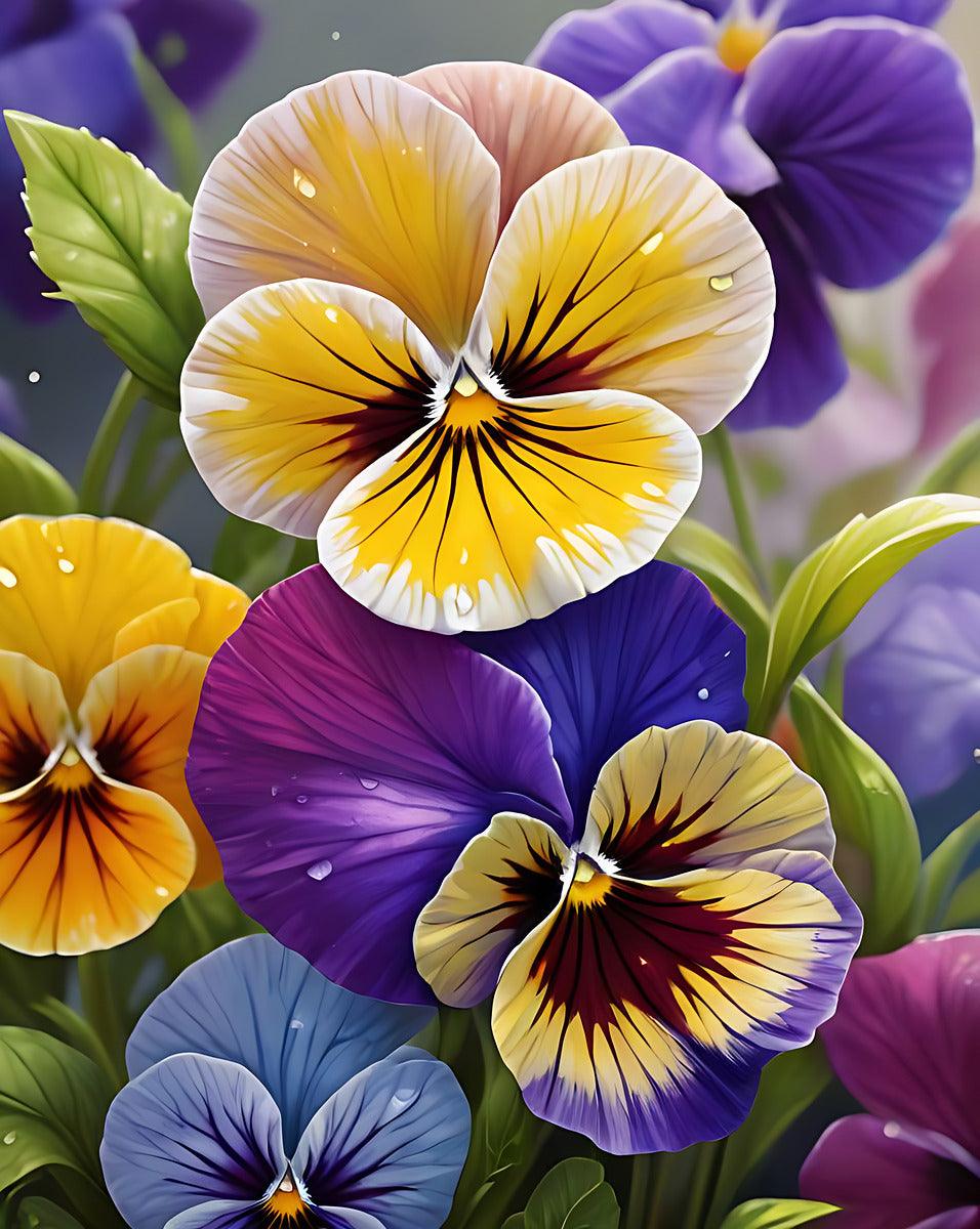 Pansy flower close-up with purple and yellow petals, white centers, green leaves