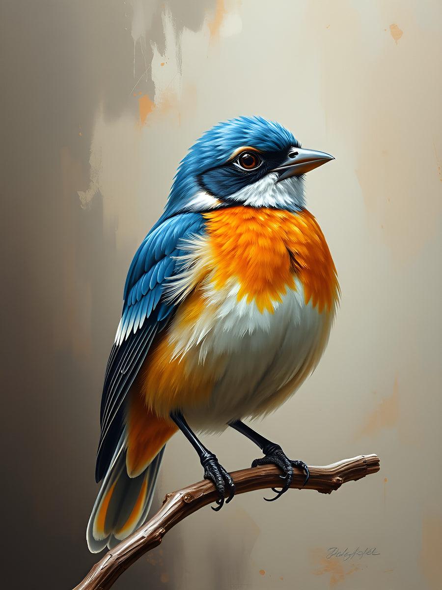 Blue and orange bird portrait print, perched on a branch with blue head