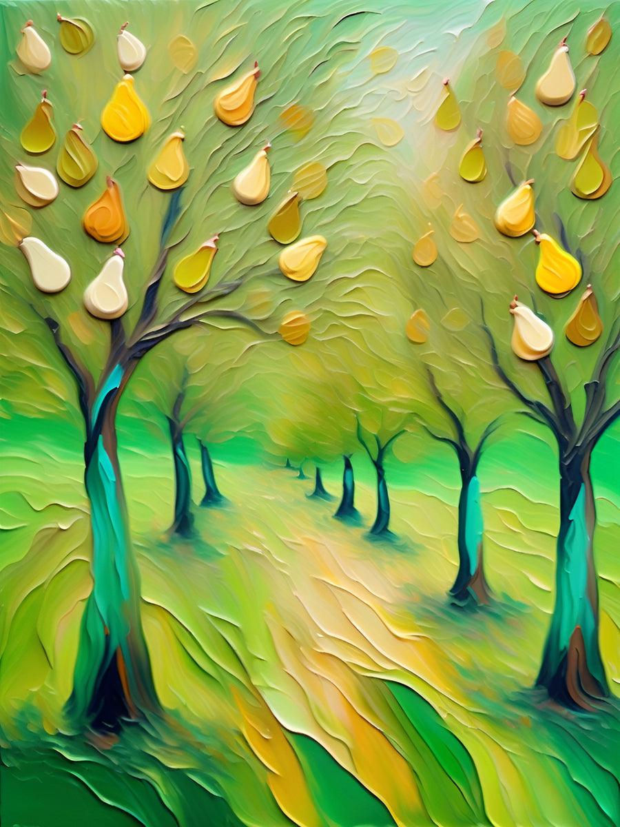 Green abstract orchard pathway artwork with blue-green trees and falling yellow fruit droplets