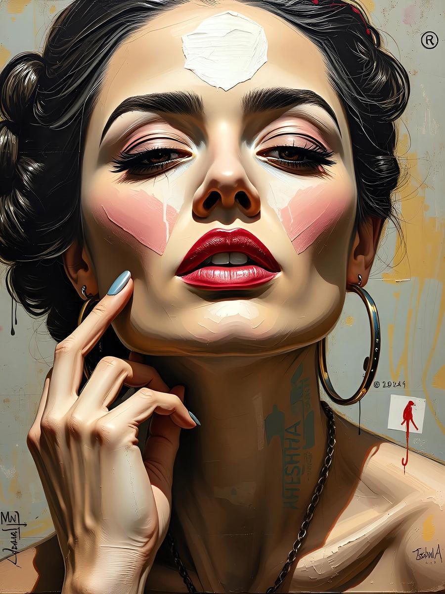 Close-up portrait print of a woman with bold makeup, red lipstick and face highlight paint