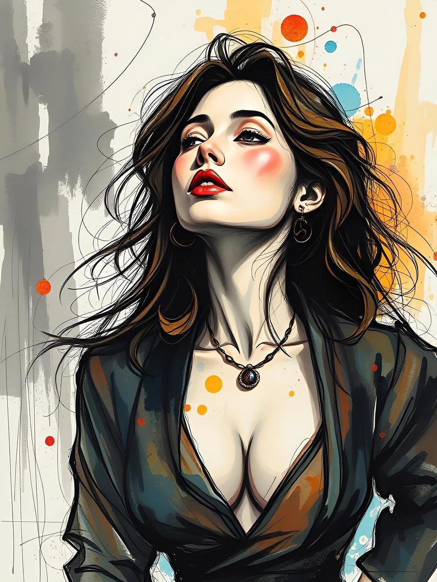 Portrait art print of a woman with long dark hair, red lips, dangling earrings