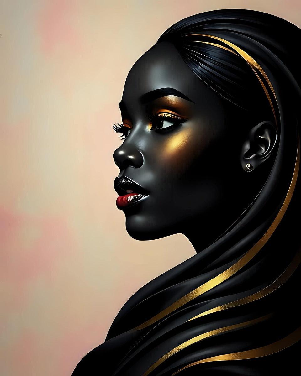 Portrait wall art close-up of black woman's side profile with gold shine and headwrap