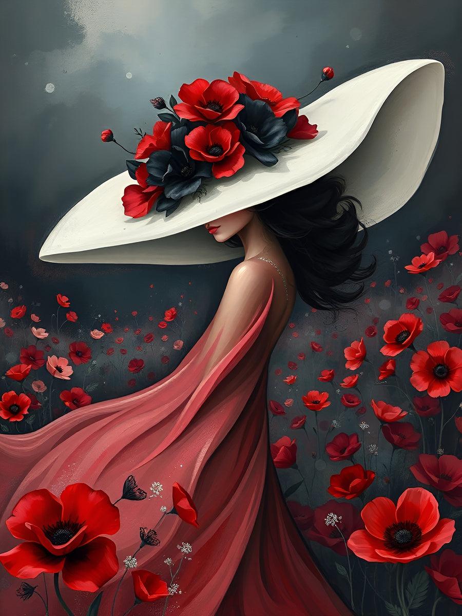 Floral portrait artwork showing woman in red dress, large white hat and scattered poppy flowers