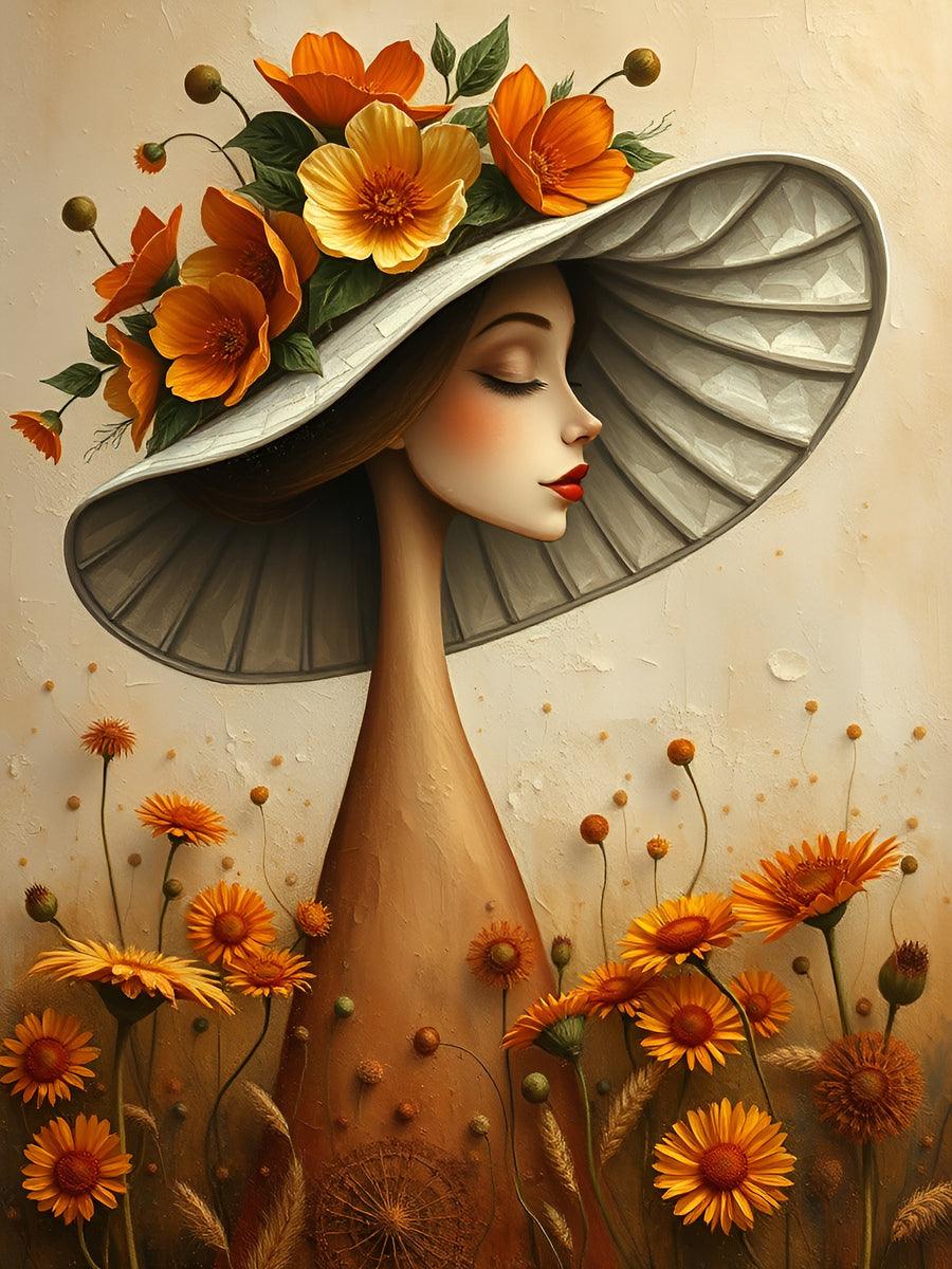 Floral portrait wall art of a woman in a wide floral hat, closed eyes, orange and gold flowers