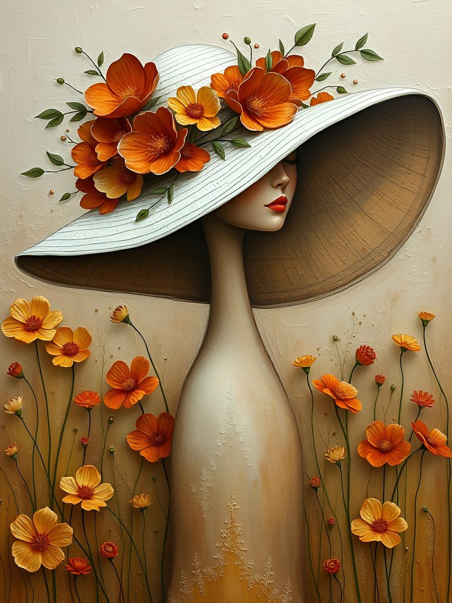 Woman portrait artwork with a white wide-brim hat and scattered orange blossoms