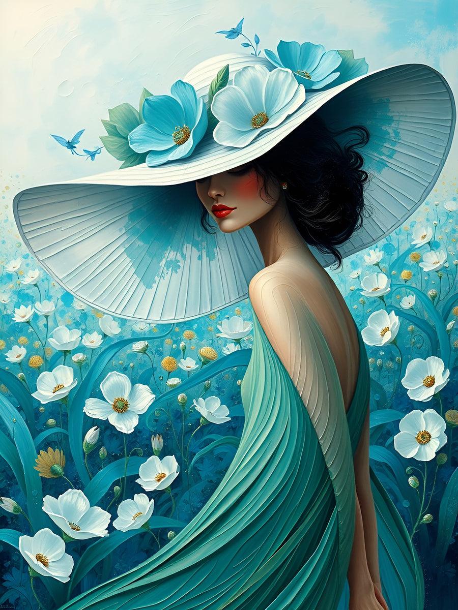 Teal floral portrait painting: woman with dark hair, red lips, wide hat, and blossoms