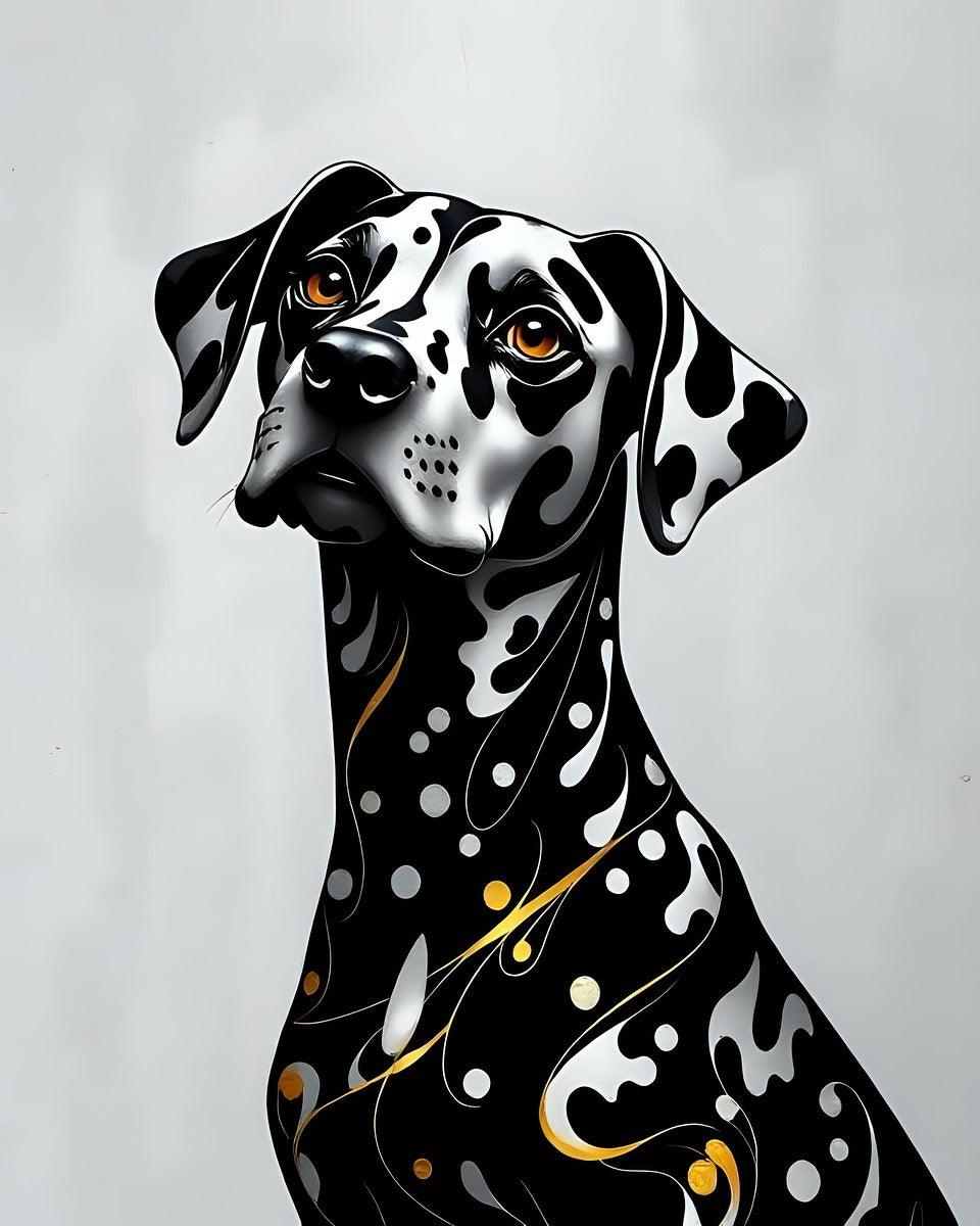 Dalmatian portrait wall art of a black-and-white dog with orange eyes and gold swirls