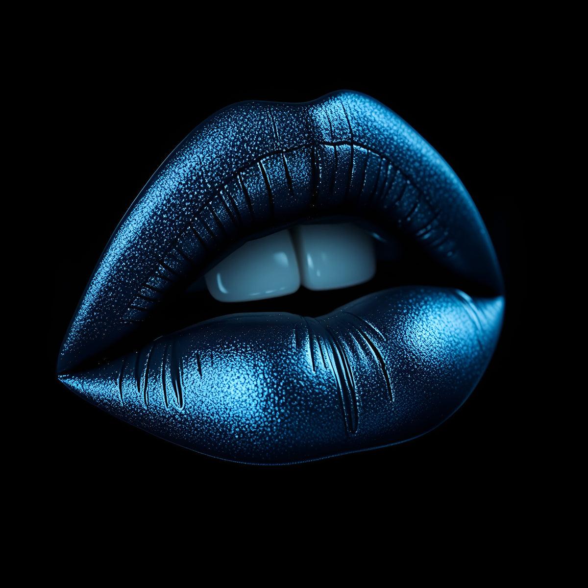Sapphire blue metallic lips print with glossy texture and open mouth view