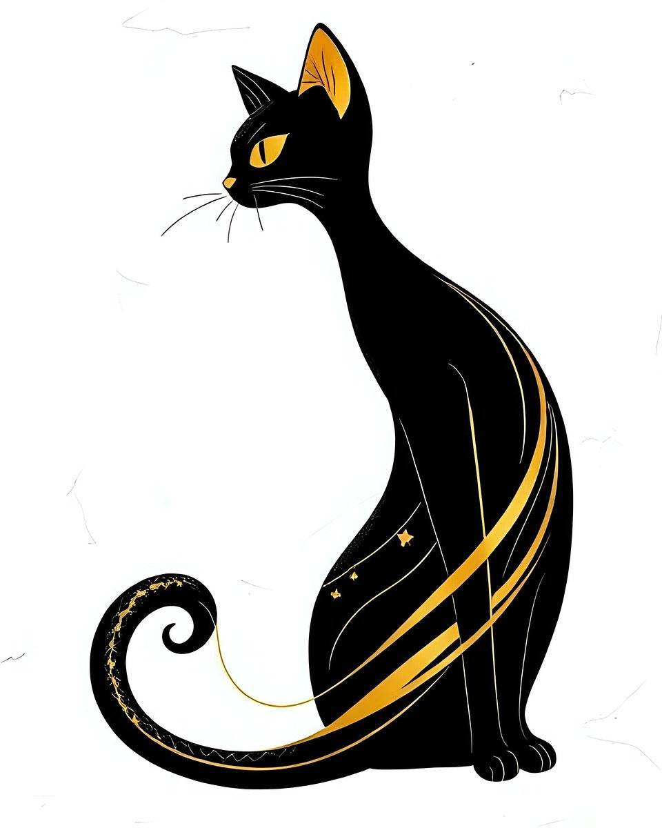 Cat art print featuring black cat with yellow stripe details and curled tail