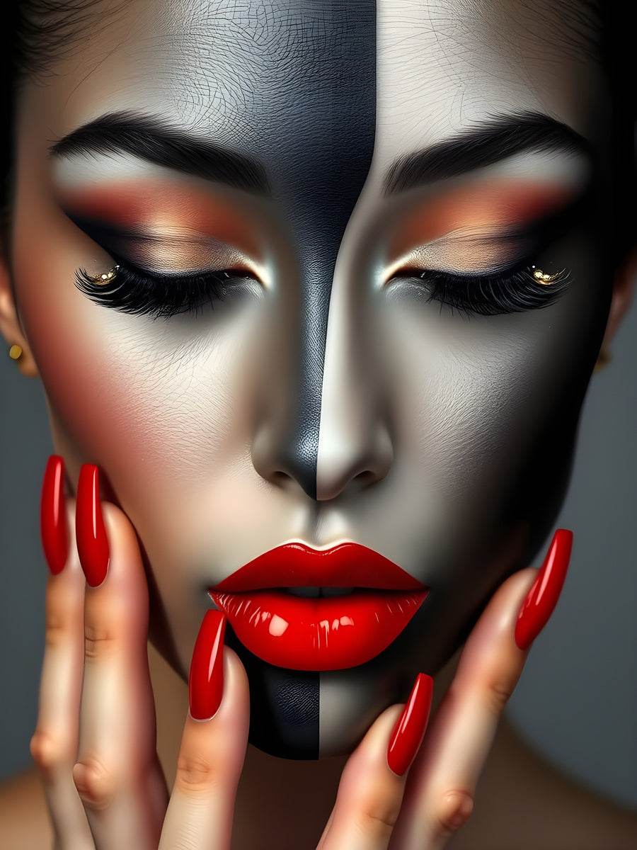 Sensual split-face glam makeup artwork with red lips and eyelashes, print