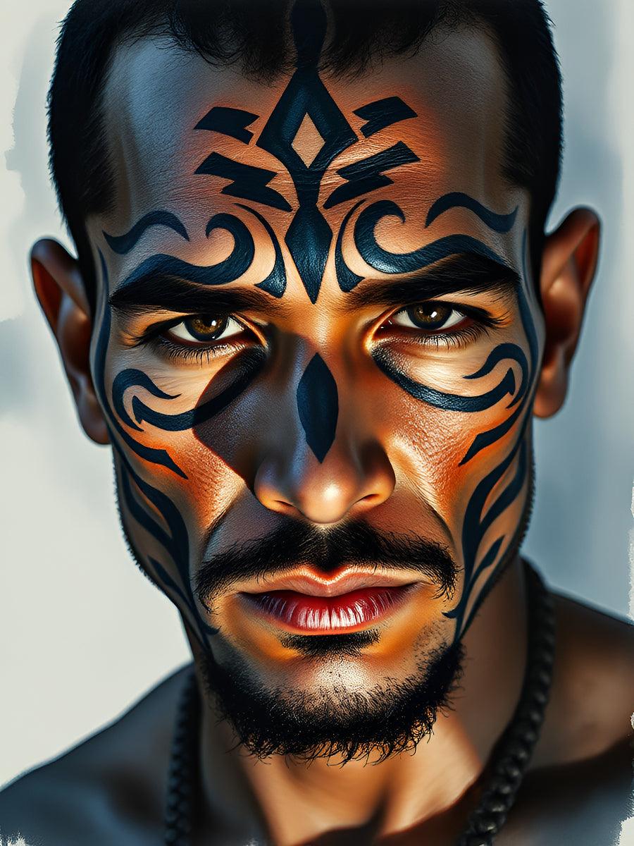 Tribal face portrait print showing painted lips and blue-orange tribal markings on face
