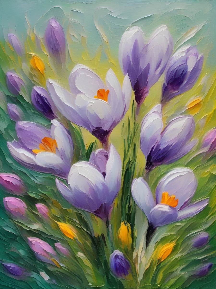 Close-up view of purple and white flowers with orange centers on a textured floral canvas.
