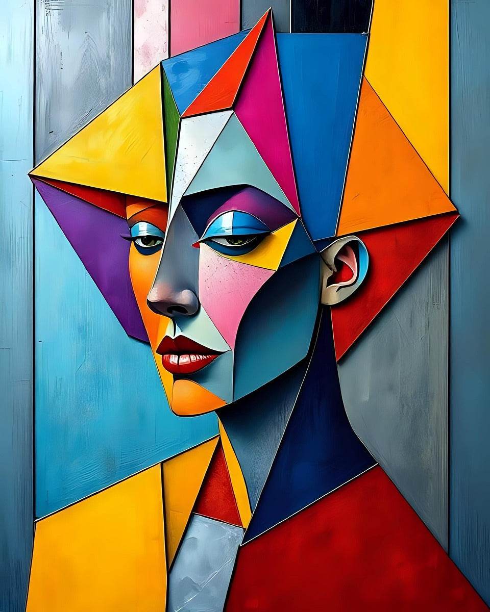 Geometric cubist portrait artwork, detailed faceted profile with blue, yellow, pink and red shapes.
