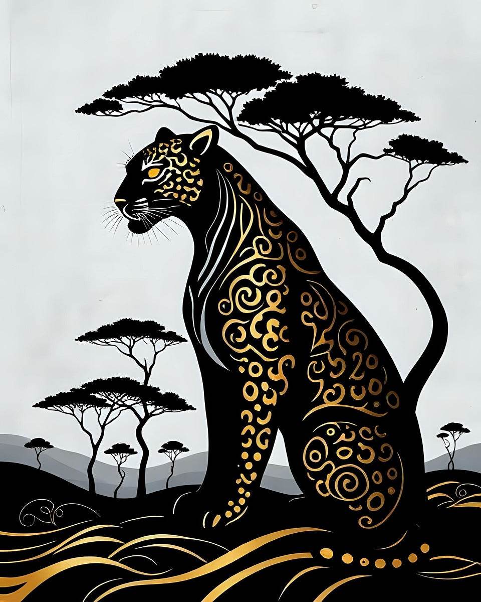Leopard art print with curled tail, gold wave lines, and forest silhouettes