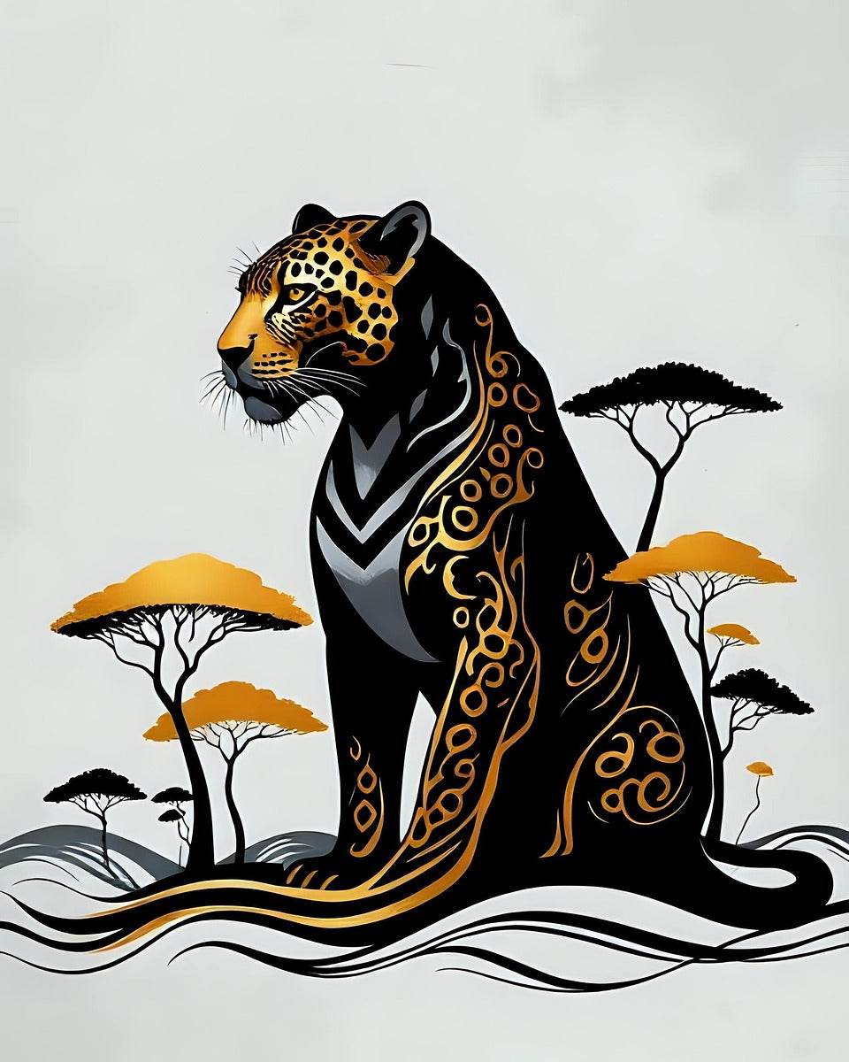 Jaguar wall art print with black jaguar and orange-gold trees over wavy lines