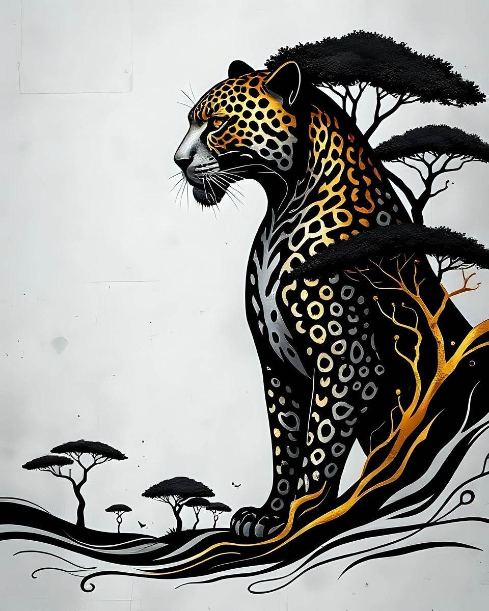 Jaguar wall art print with spotted coat, black trees, golden vines, and wavy ocean lines