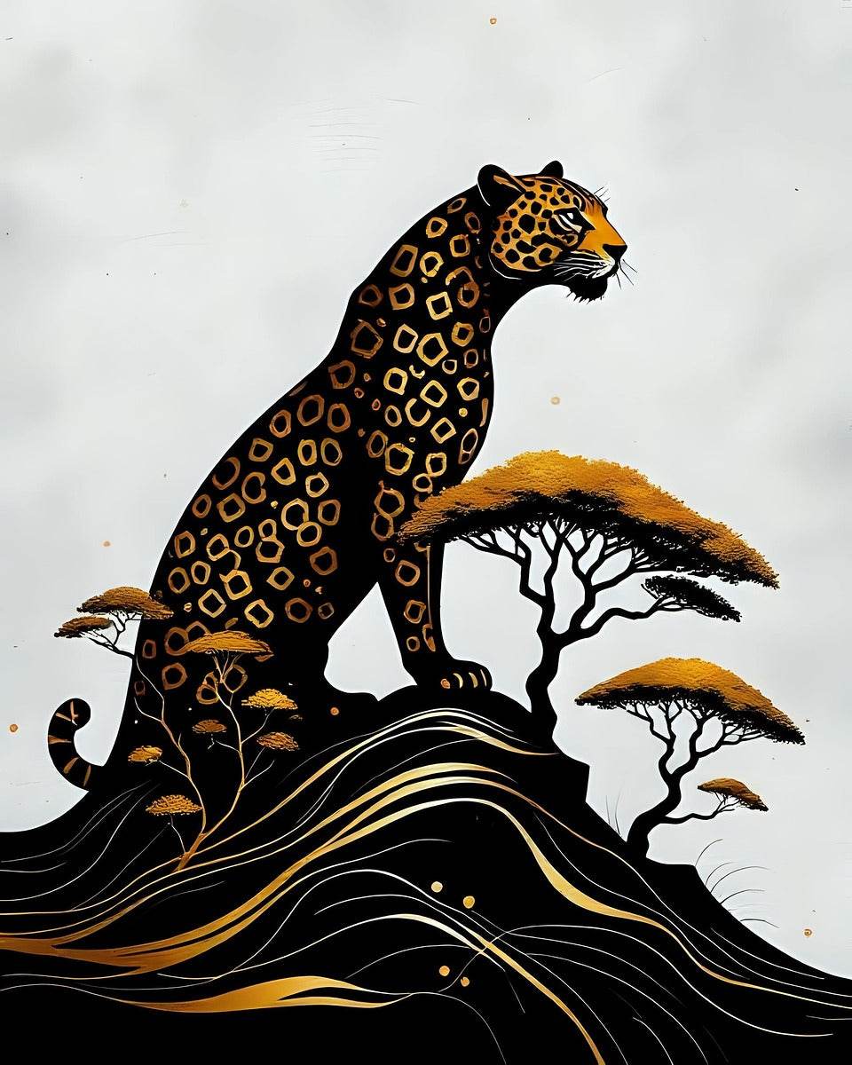 Stylized jaguar artwork with black ocean waves, gold highlights, and white trees