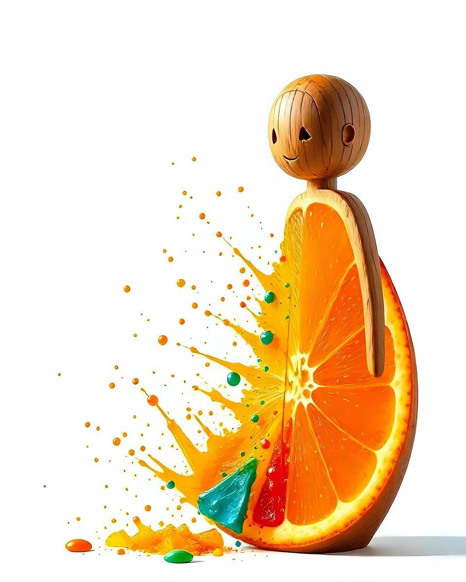 Orange character artwork with citrus slice, yellow splatter trail, and green/teal accents