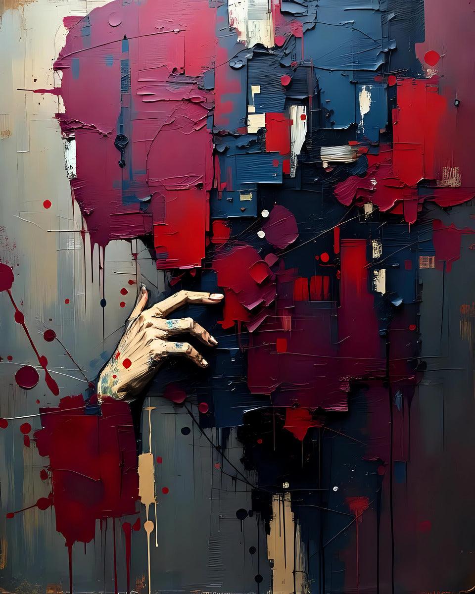 Abstract textured artwork with clenched hand, pink, red, and blue paint layers