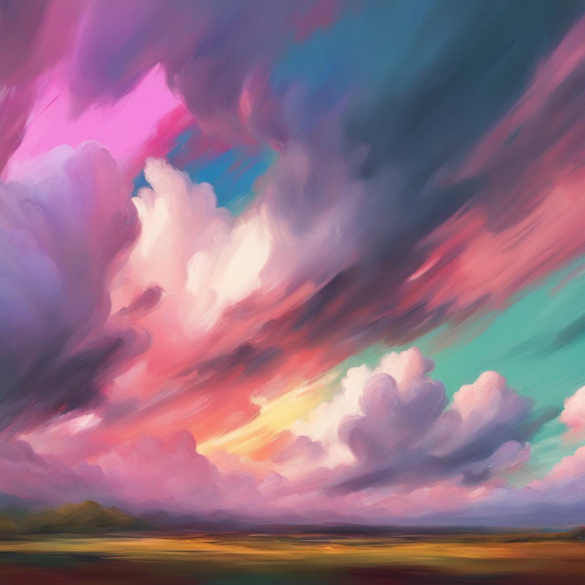 Dramatic clouds artwork close-up with teal and pink cloud shapes and golden band