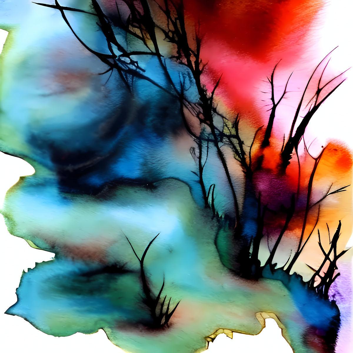 Abstract landscape wall art close-up with teal and blue clouds, red-orange haze, and black branches
