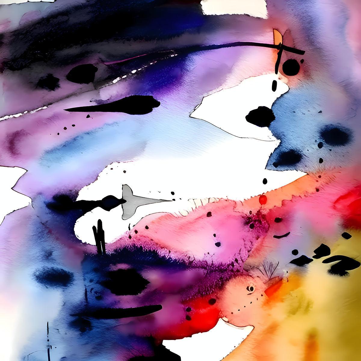 Close-up abstract watercolor artwork with blue, orange and pink splashes with black accents