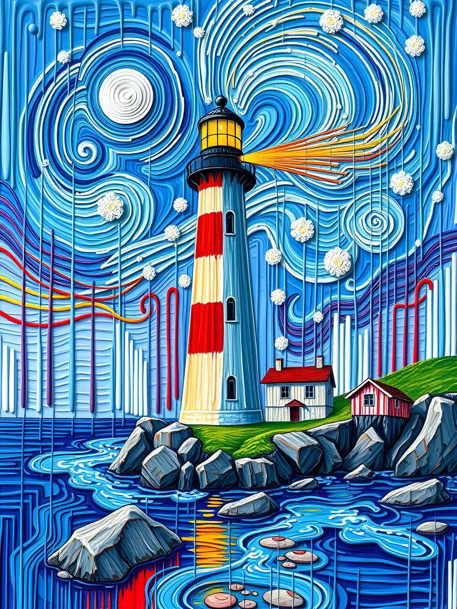 Colorful lighthouse illustration, red-and-yellow tower, swirling blue sky, blue water and rocks