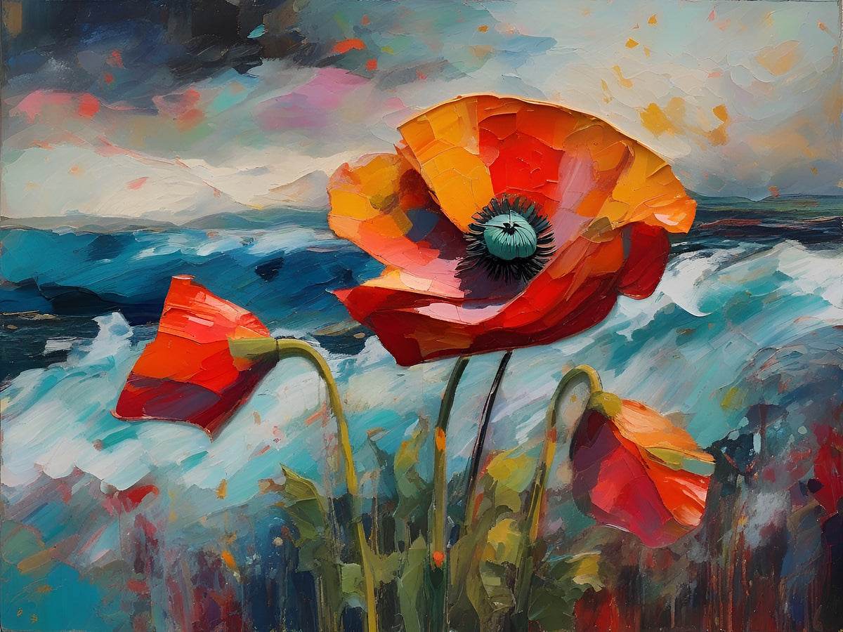 Close-up canvas print of an orange-red poppy with teal center, green stem, and red petal