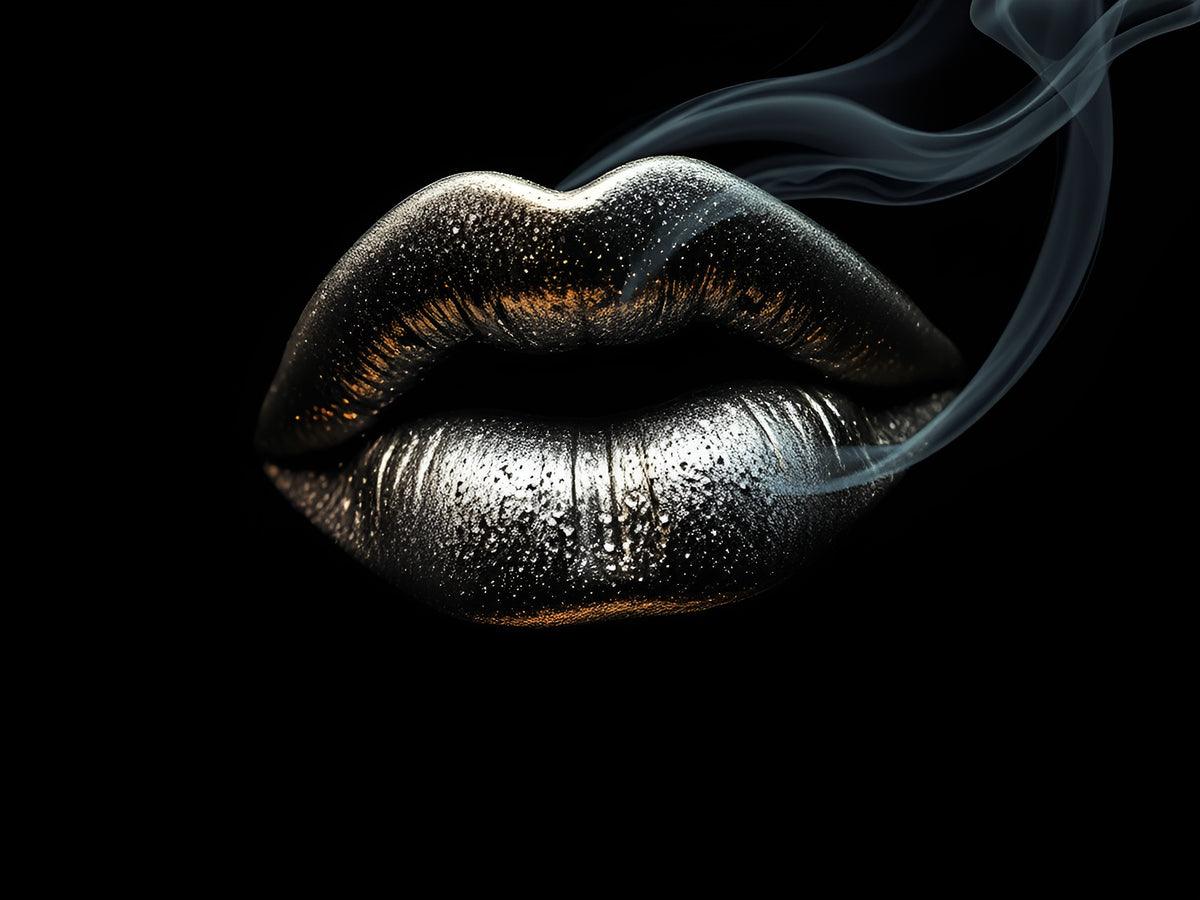 Close-up of metallic silver lips with light blue smoke lines on dark background
