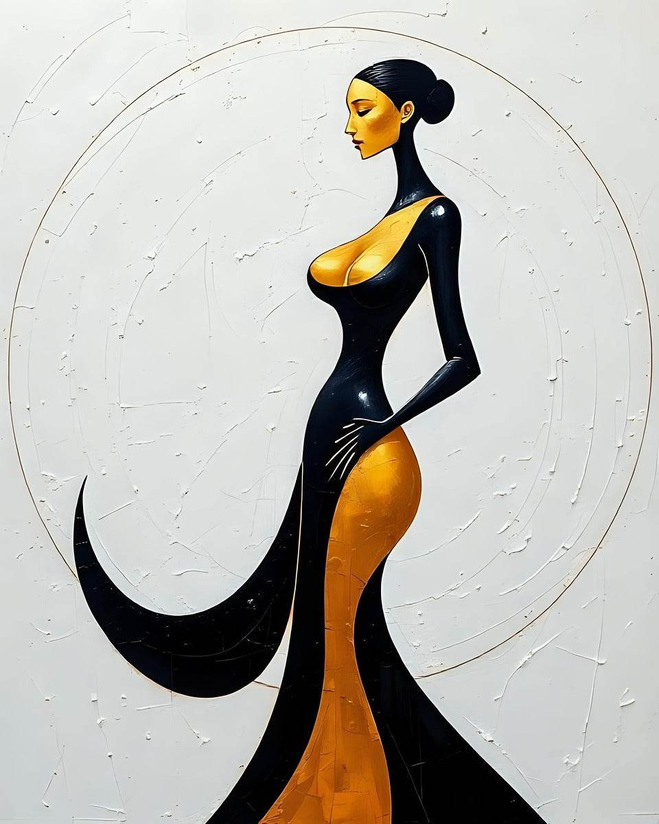 Art deco woman silhouette print with side profile, black outfit, gold bust and hip.