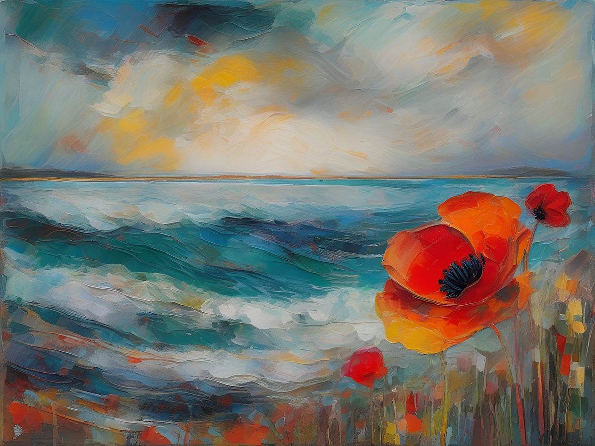 Seascape canvas art close-up with teal waves and bright red-orange poppy flowers
