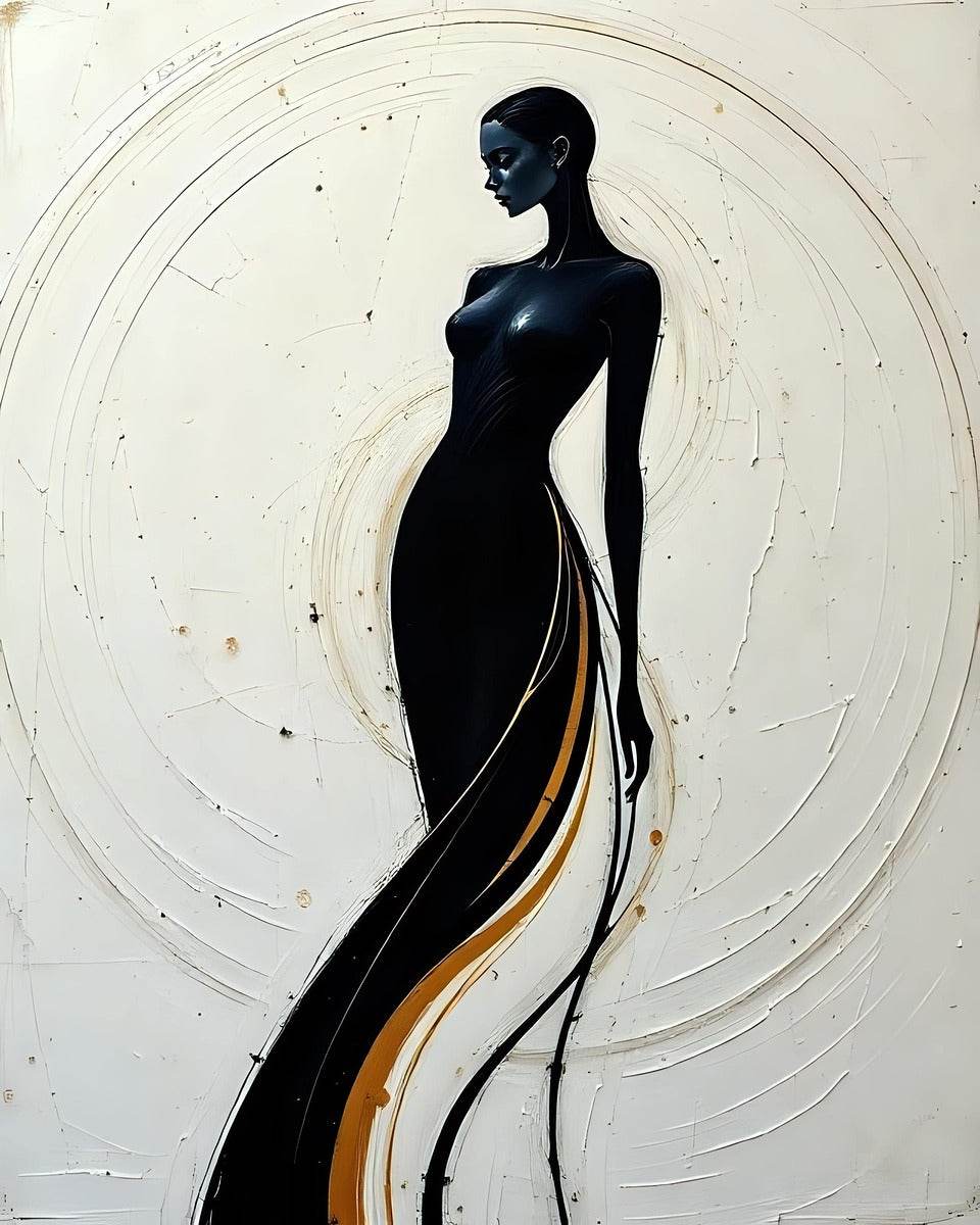 Stylized woman silhouette artwork with gold swoosh lines on a white circular abstract background